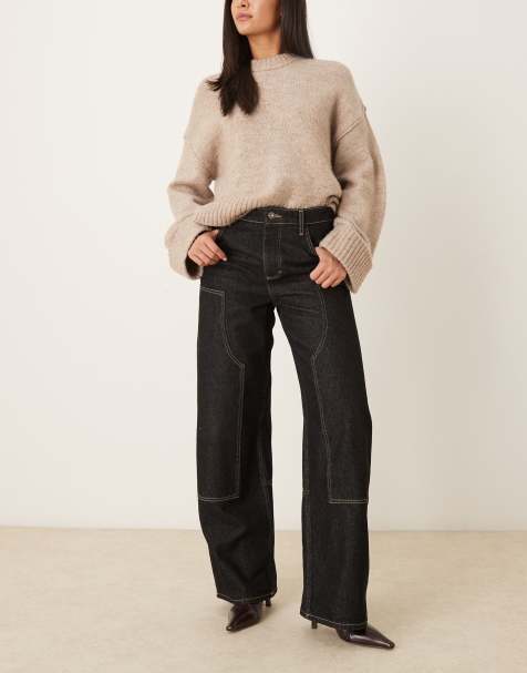 Mango Sandra 100% cotton wide leg jean with seam detail in black wash - view 1