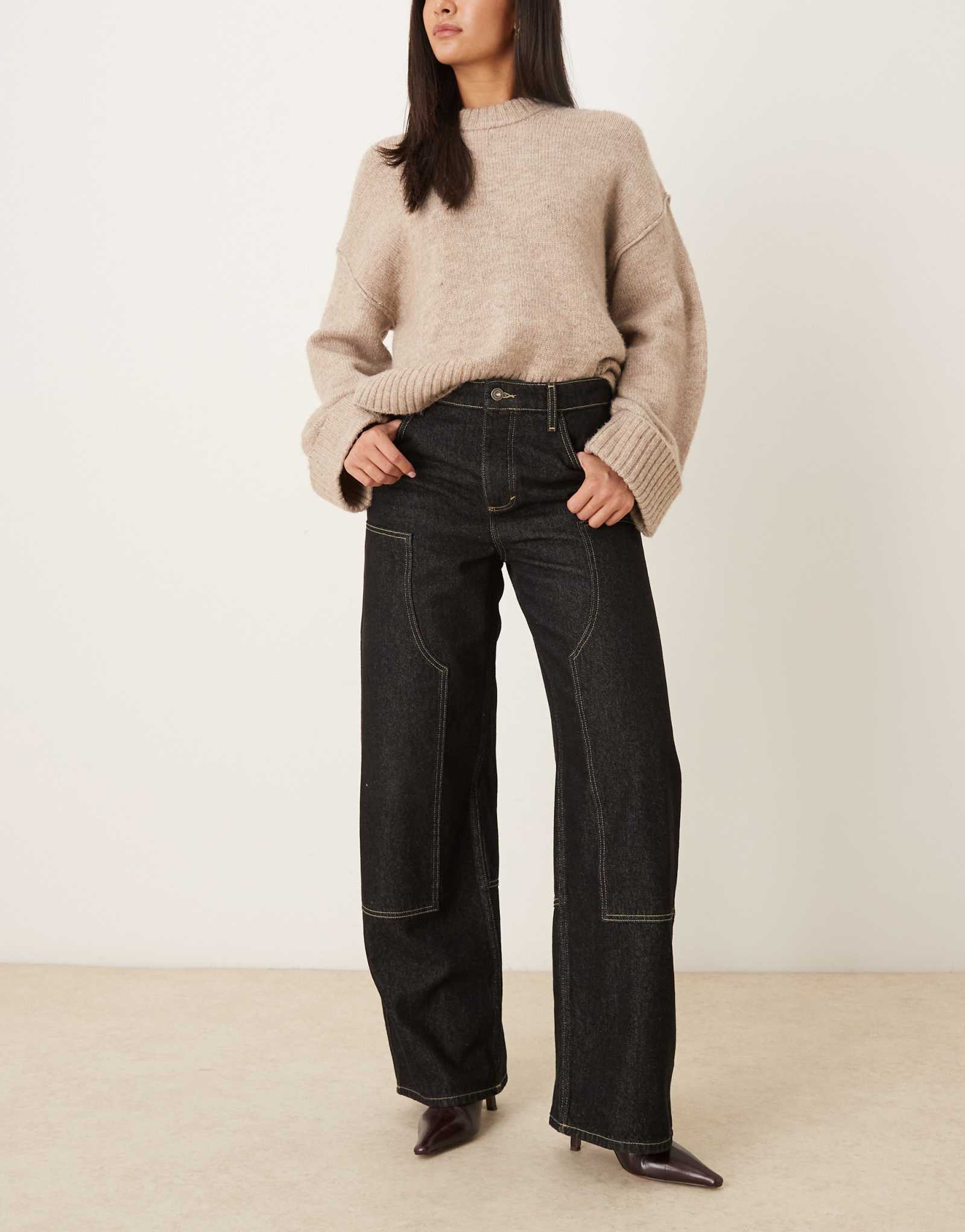 Джинсы Mango Sandra с широкими штанинами из 100% хлопка черного цвета с отделкой по швам после стирки