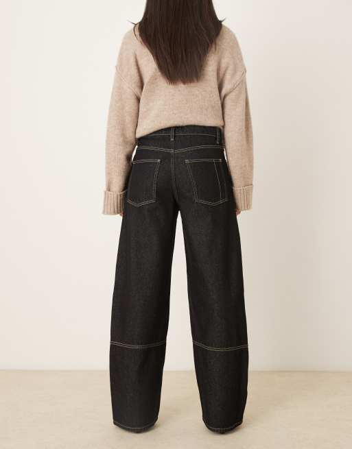Mango Sandra 100% cotton wide leg jeans with seam detailing in black wash