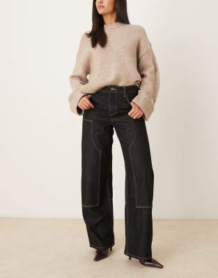 Mango - Sandra - Jean ample en coton avec coutures apparentes - Noir délavé