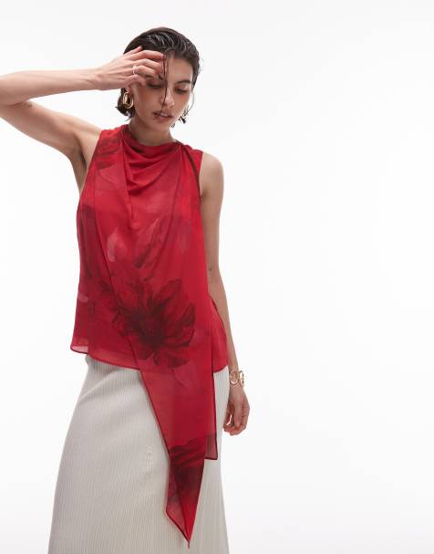 Mango - Satijnen asymmetrische top in vage rode bloemenprint - view 1