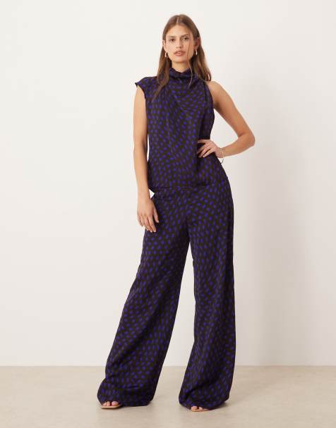 Mango - Satijnen broek met wijde pijpen in bruin met stippen, deel van co-ord set - view 1