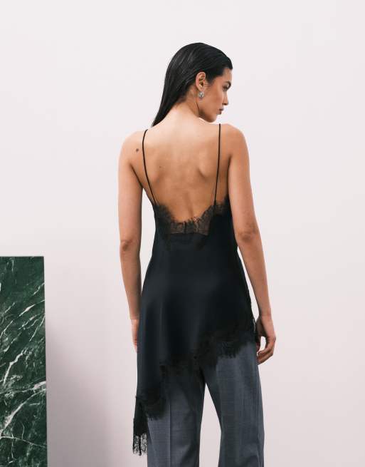 Mango - Satijnen cami top met asymmetrische zoom, lange pasvorm en kanten rand in zwart, 3 van 4