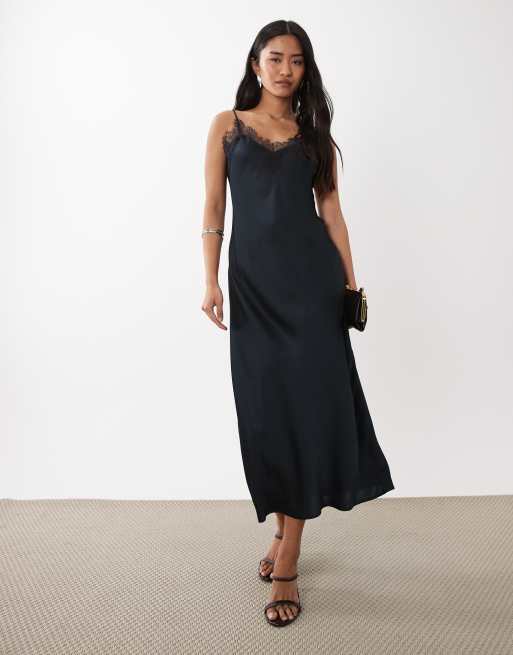 Mango - Satijnen maxi cami-jurk met kanten rand in marineblauw, 2 van 4
