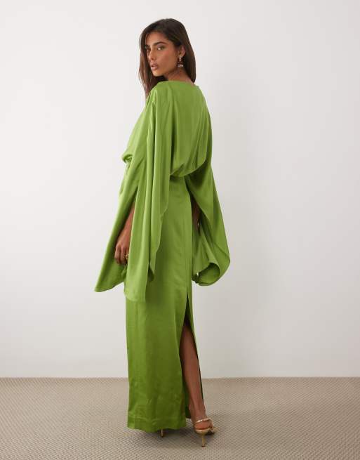 Mango - Satijnen maxi jurk met halflange mouwen en gedrapeerd detail in groen, 3 van 4