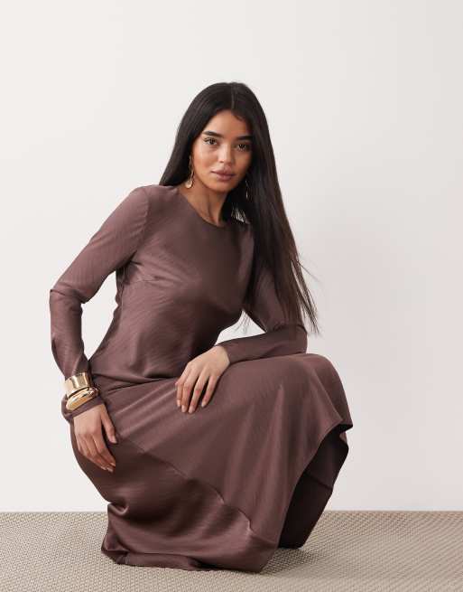 Mango - Satijnen maxi jurk met ronde hals en lange mouwen in pastelpaars, 2 van 4