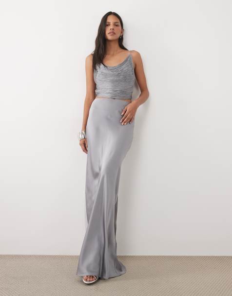Mango - Satijnen maxi rok in zilver, deel van co-ord set - view 1