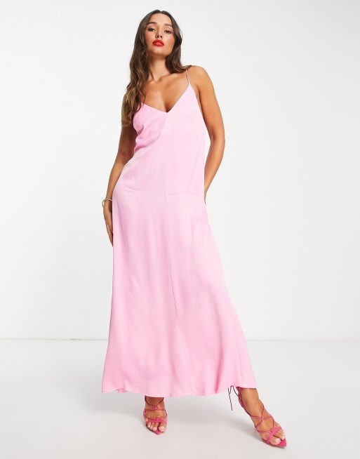 Mango - Satijnen midi jurk met strikdetail op de rug in zacht roze, 2 van 4