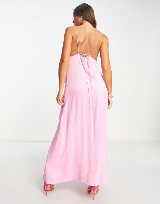 Mango - Satijnen midi jurk met strikdetail op de rug in zacht roze, 4 van 4