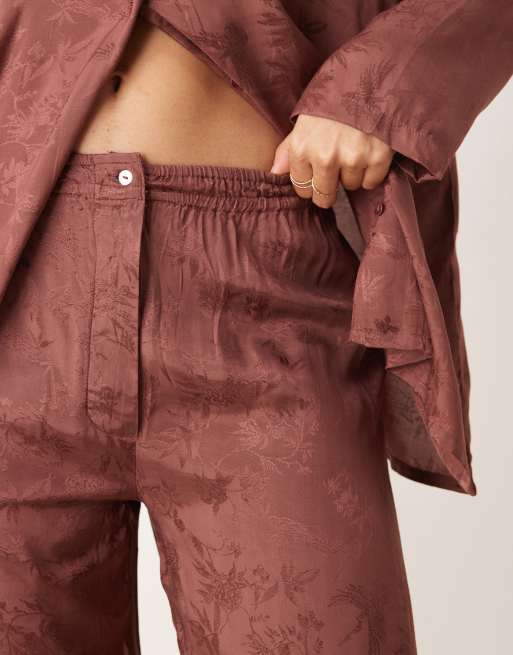 Mango - Satijnen pyjamabroek met jacquardpatroon in bruin, deel van co-ord set, 4 van 4