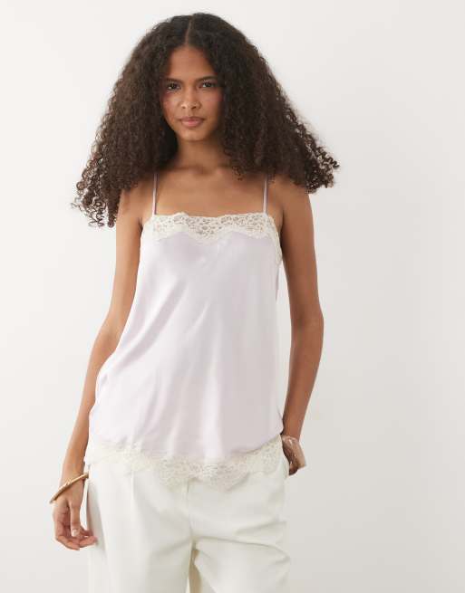 Mango satin and lace cami top in pastel pink, 3 of 4