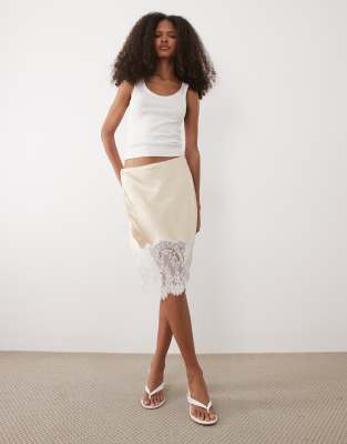 Mango satin and lace knee length skirt in beige