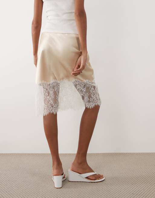 Mango satin and lace knee length skirt in beige, 5 of 5