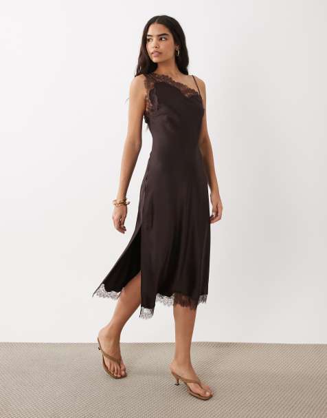 Mango satin asymetric hem midI dress with lace detail in brown - view 1