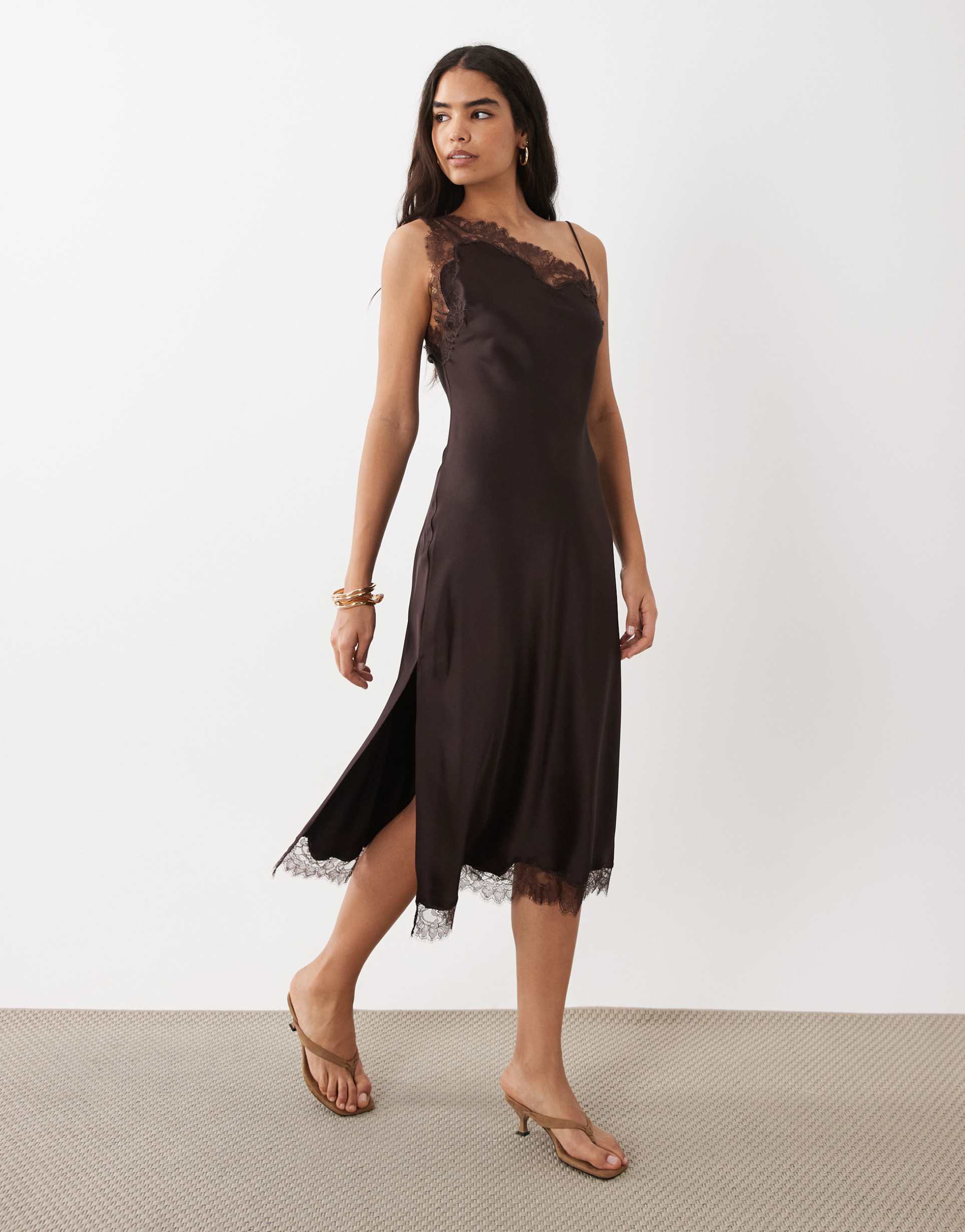 mango satin asymmetric hem midi dress with lace detail in brown