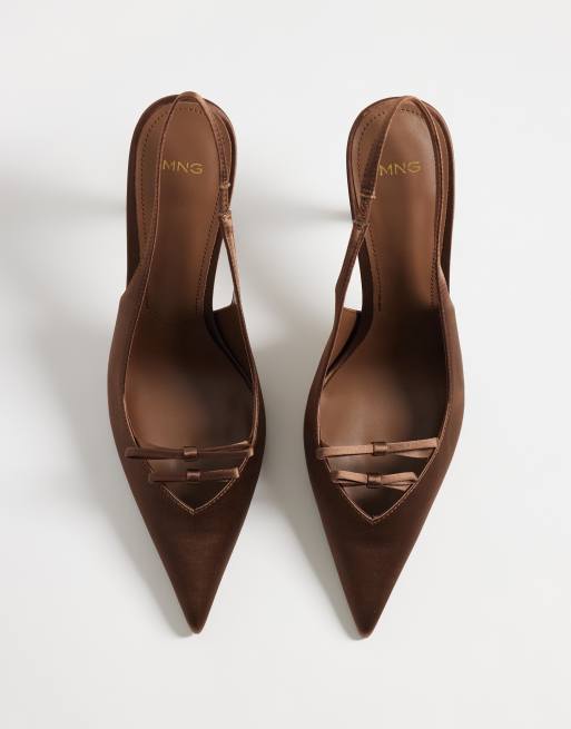 Mango satin bow detail heeled slingback in brown, 2 of 4