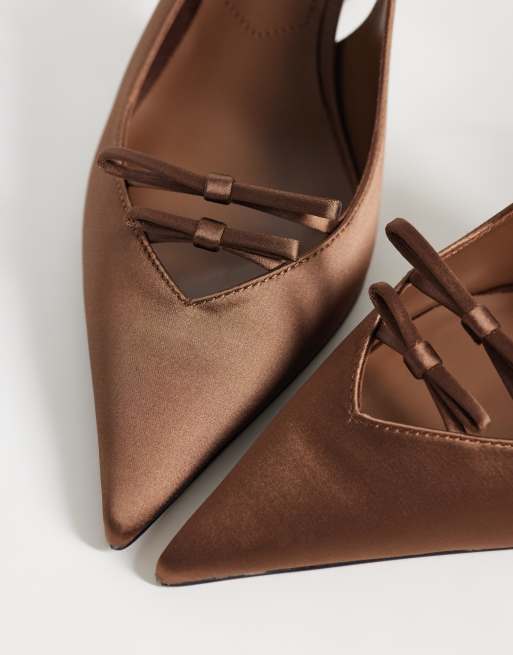 Mango satin bow detail heeled slingback in brown, 3 of 4