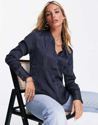 Mango satin button front shirt in black