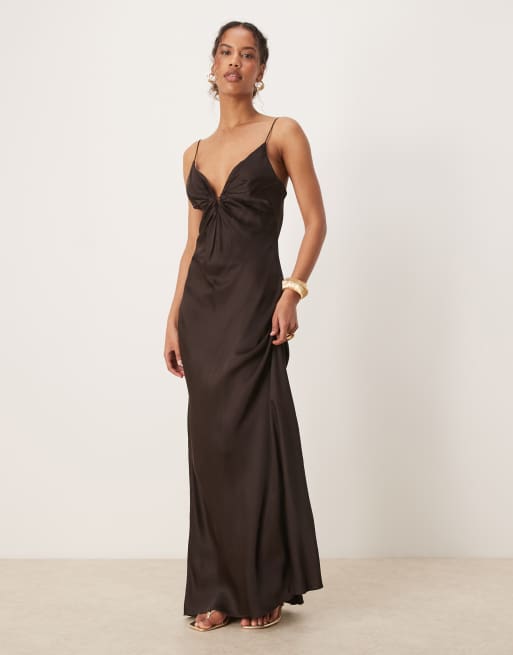 chinese dress ladies Chiffon Ruffle Ruched Bust Midi Dress - Carob