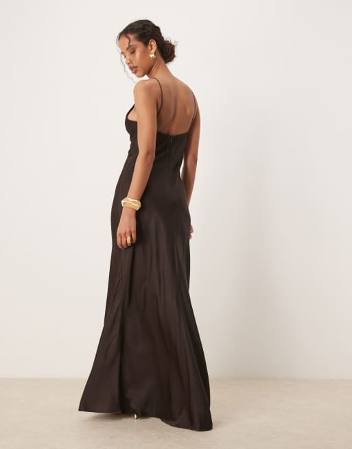 Mango satin cami a line maxi dress with ruched bust detailing in chocolate