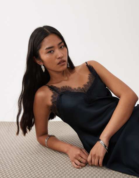 Mango satin cami maxi dress with lace trim in navy - view 1