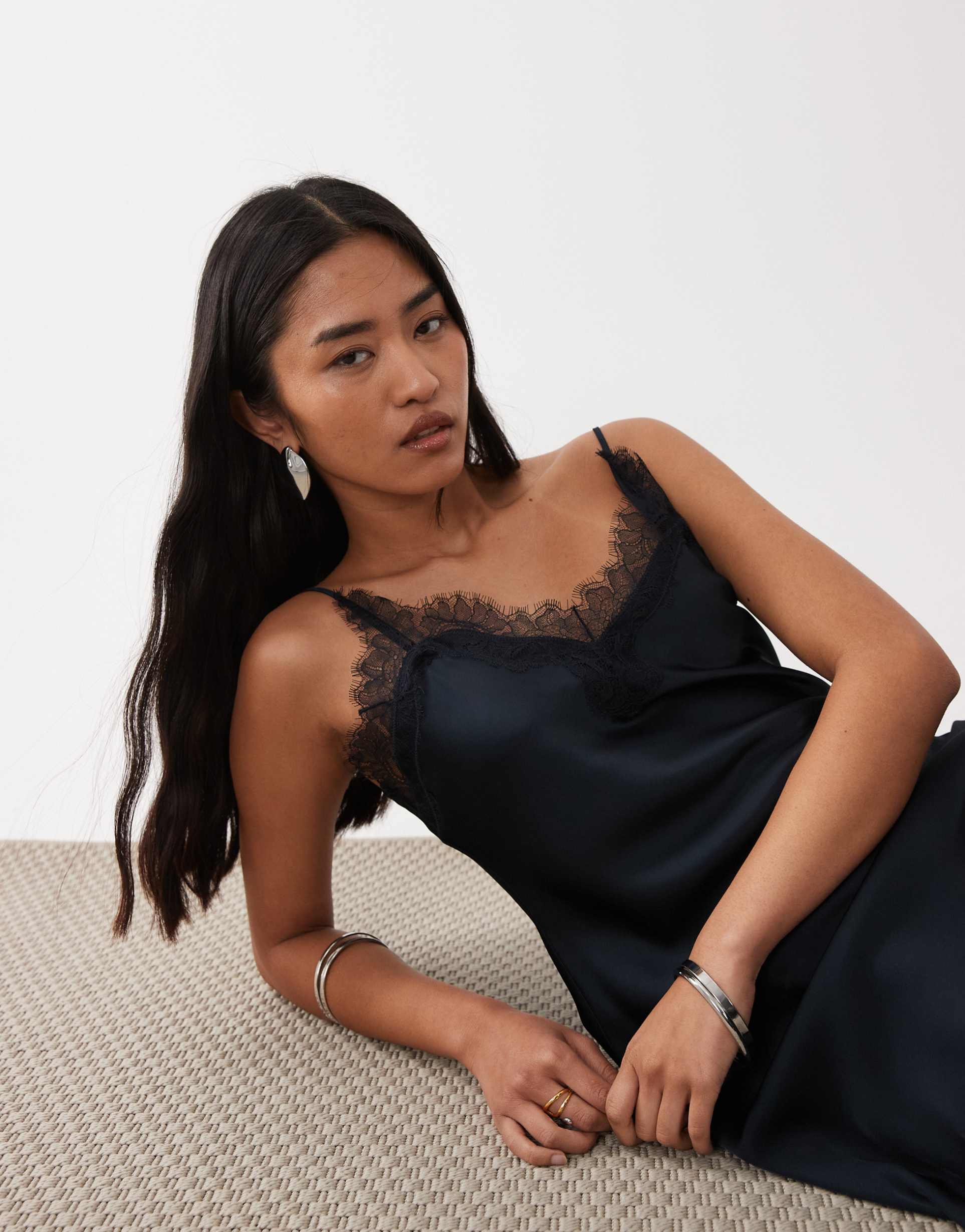 mango satin cami maxi dress with lace trim in navy