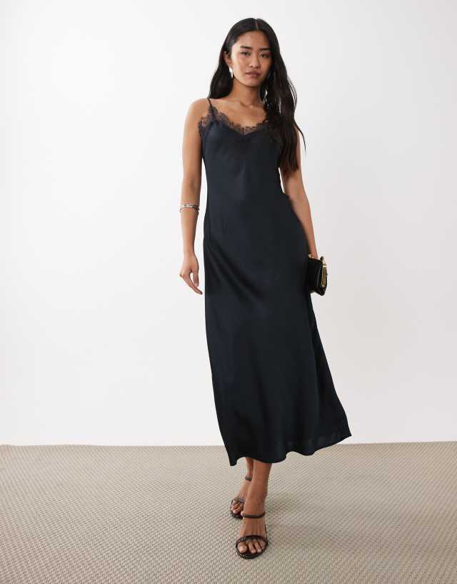 Mango satin cami maxi dress with lace trim in navy | ASOS