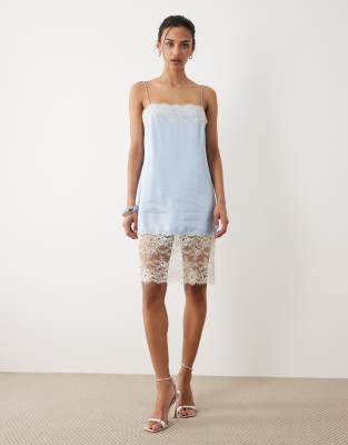 Mango satin cami mini dress with lace trim in pale blue | ASOS