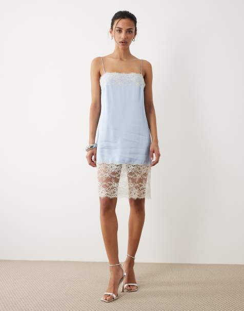 Mango satin cami mini dress with lace trim in pale blue - view 1