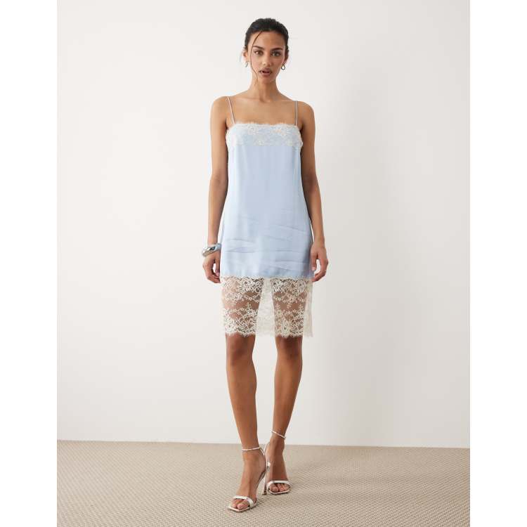 Mango satin cami mini dress with lace trim in pale blue | ASOS