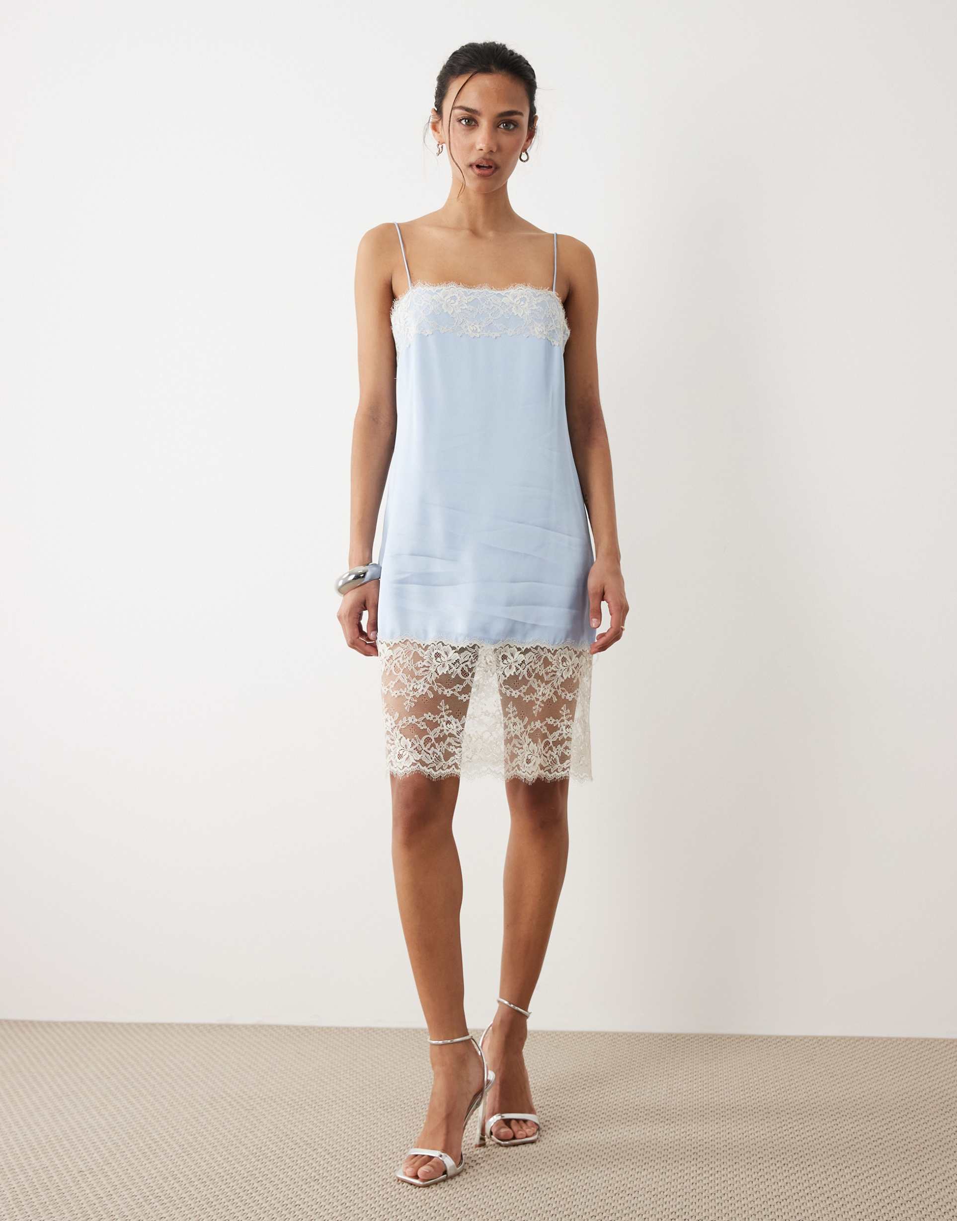 mango satin cami mini dress with lace trim in pale blue