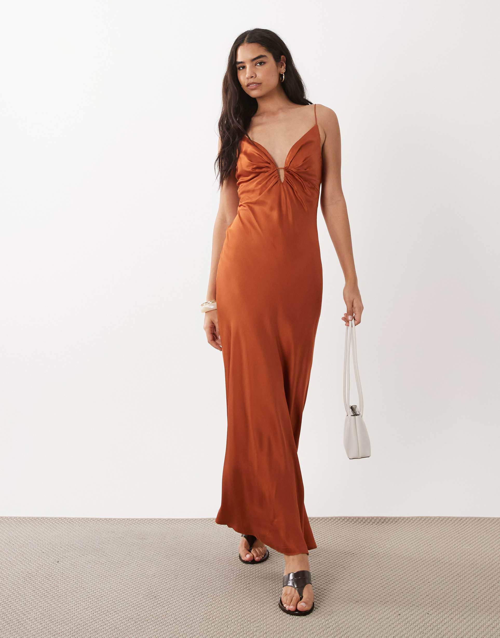 mango satin deep v strappy maxi dress in burnt orange