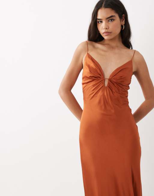 Mango satin deep v strappy maxi dress in burnt orange, 3 of 4