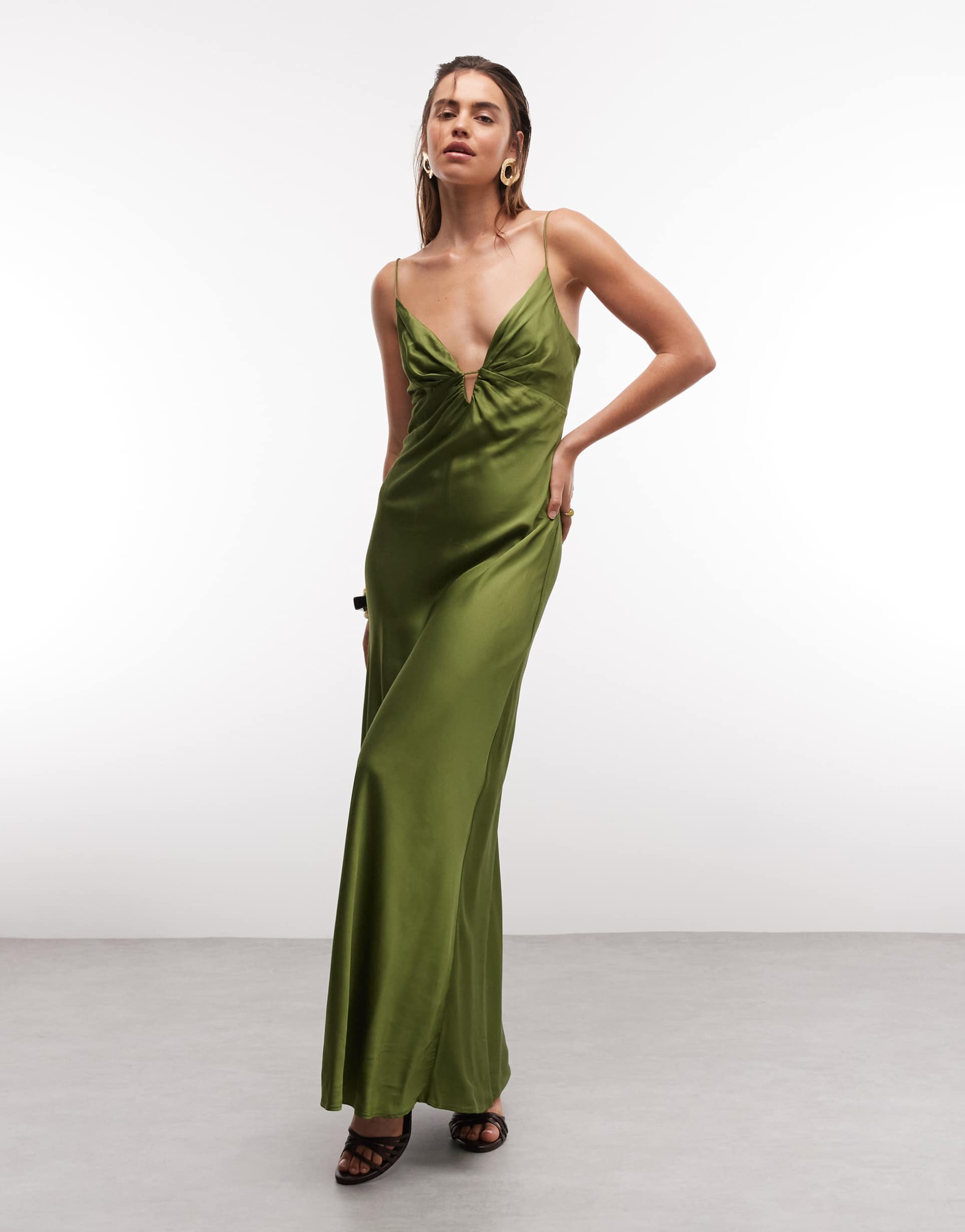 mango satin deep v strappy maxi dress in green