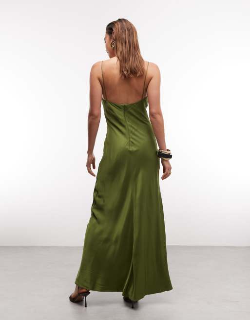 Mango satin deep v strappy maxi dress in green, 2 of 8
