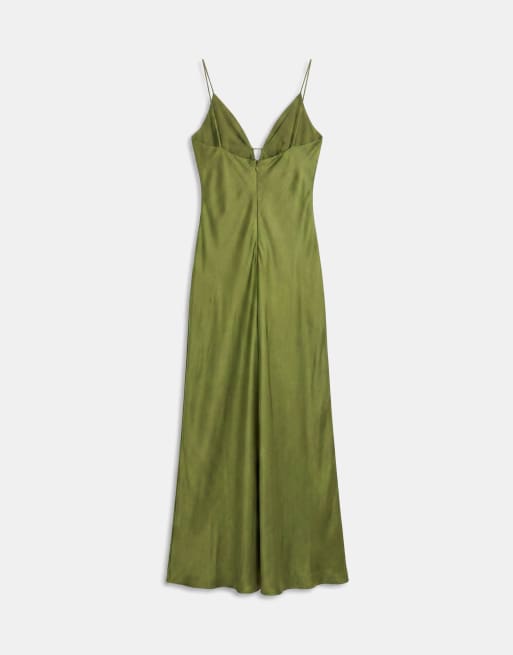 mango green slip dress Mango satin deep v strappy maxi dress in green