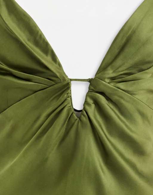 Mango satin deep v strappy maxi dress in green, 8 of 8