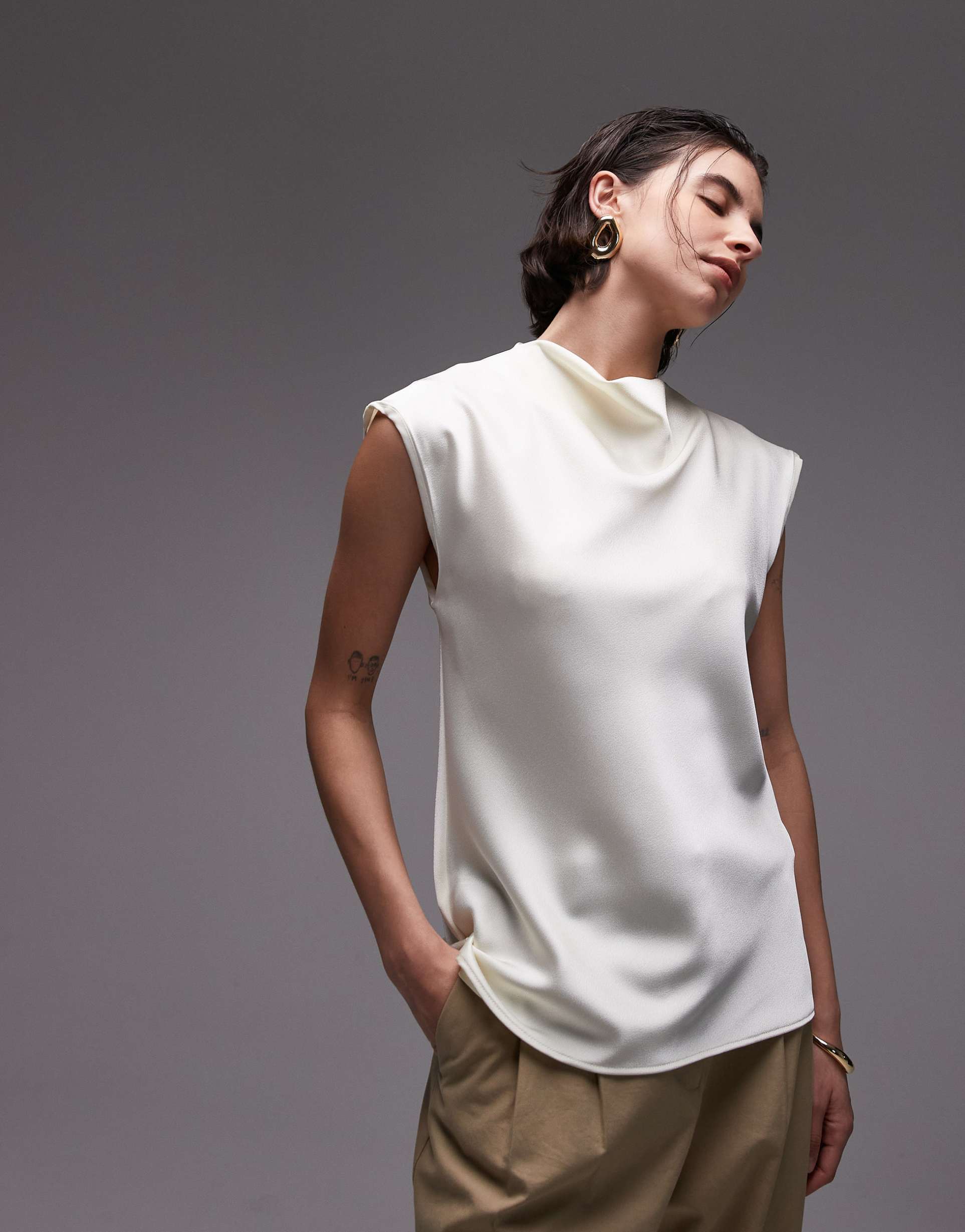 mango satin drape neck cap sleeve top in ivory