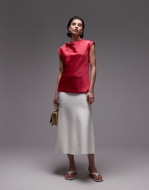 Mango satin drape neck cap sleeve top in raspberry