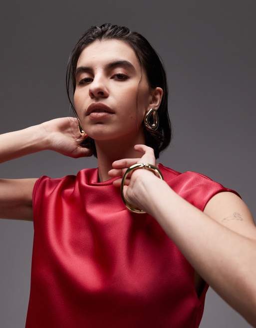 Mango satin drape neck cap sleeve top in raspberry