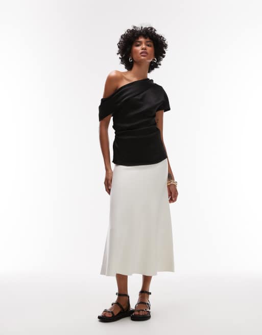 Mango satin drape off shoulder top in black