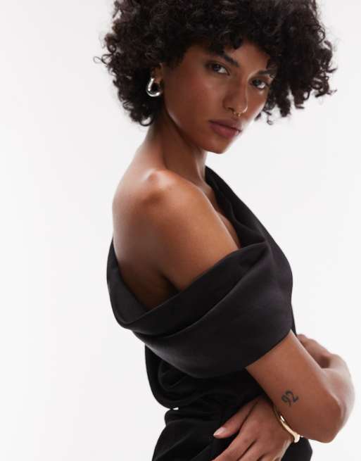 Mango satin drape off shoulder top in black