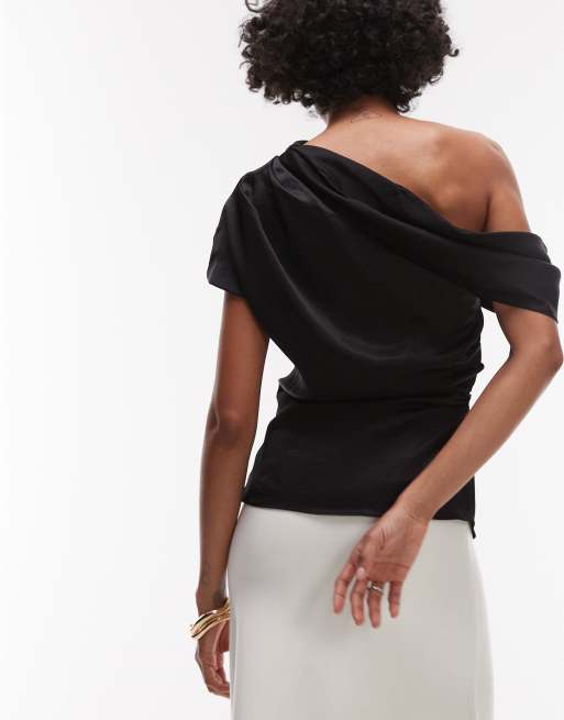Mango satin drape off shoulder top in black
