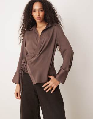 Mango Satin Drape Shirt With Tie Side In Brown