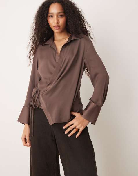 Mango satin drape shirt with tie side in brown - view 1