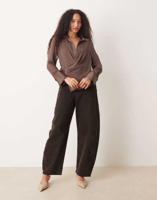 Mango satin drape shirt with tie side in brown, 2 of 4