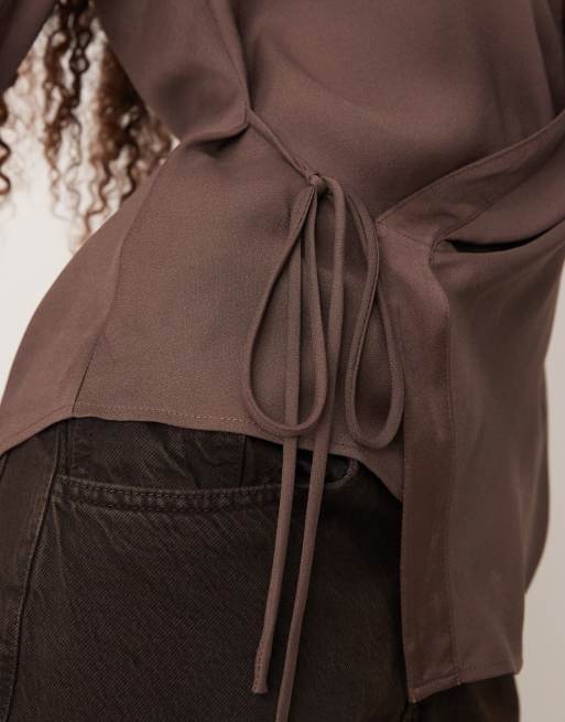 Mango satin drape shirt with tie side in brown, 3 of 4