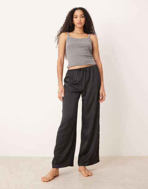Mango satin drawstring pyjama trousers in charcoal - view 1