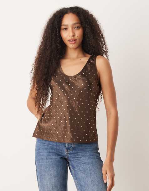 Mango satin embellished top in chocolate - view 1