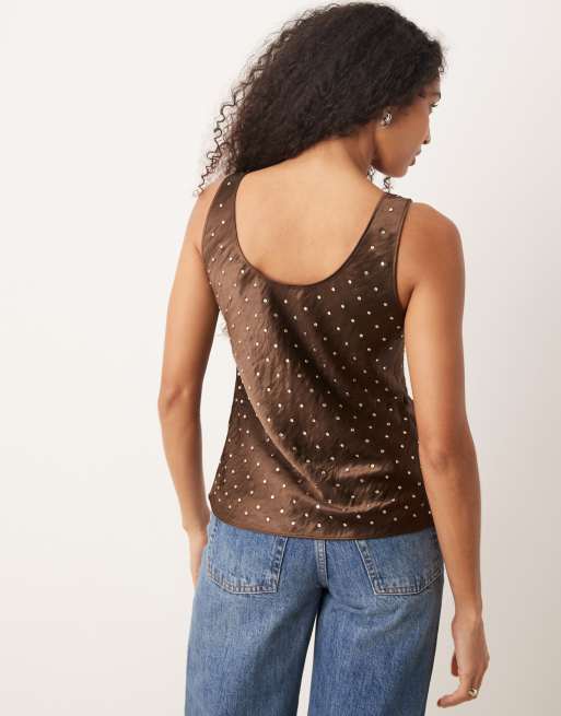 Mango satin embellished top in chocolate, 4 of 4